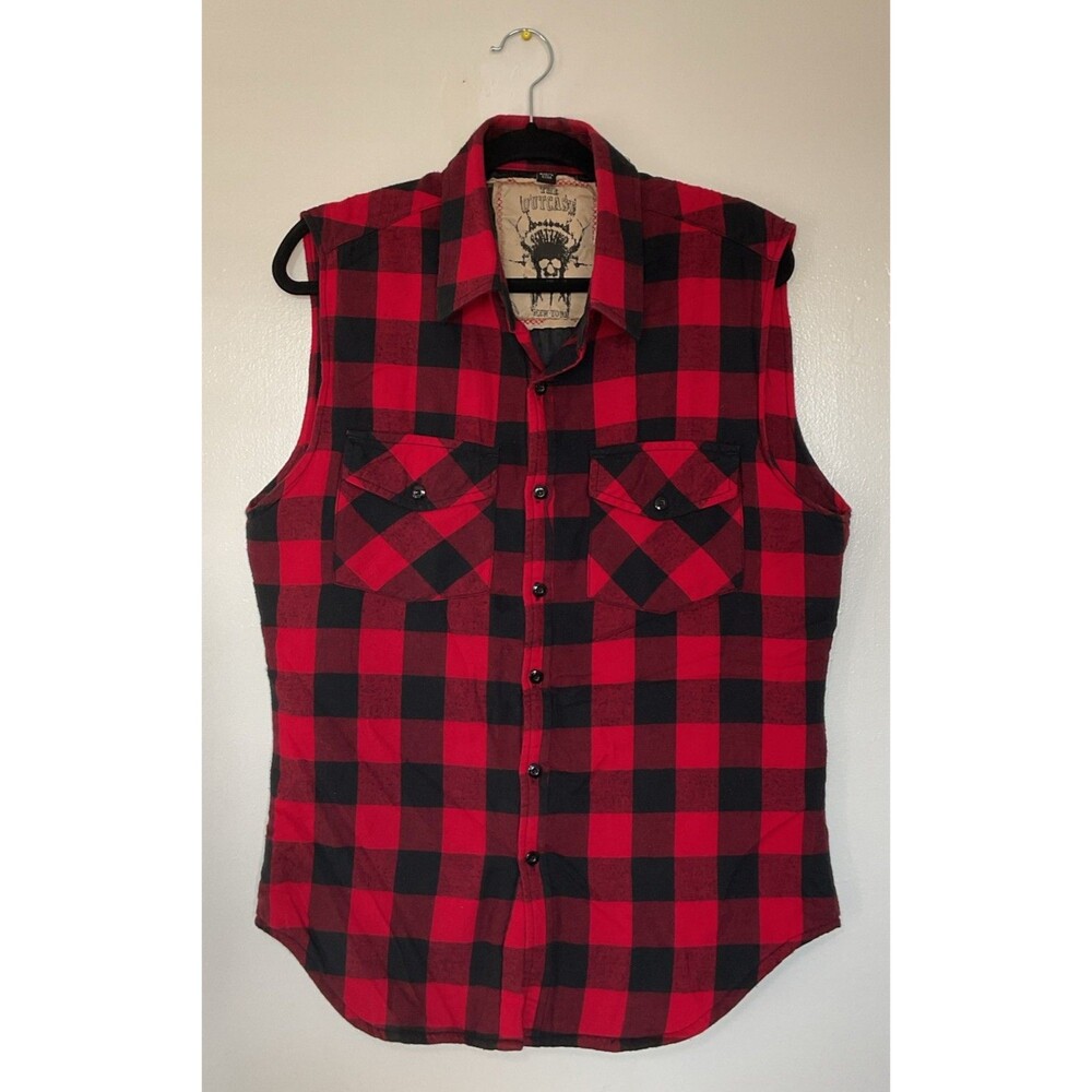 Vintage 90s The Outcast New York Grunge Vest Buffalo Plaid Button Down Size M